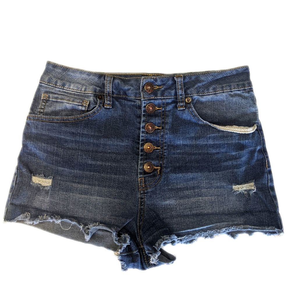 Rewash distressed denim jean shorts, 2" inseam, button fly, size 7/28